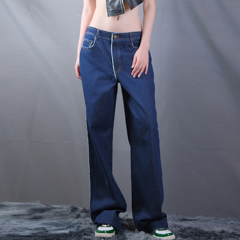 Unisex Low-Rise Raw Edge Washed Wide Leg Jeans