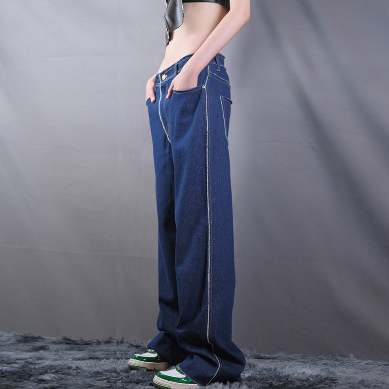 Unisex Low-Rise Raw Edge Washed Wide Leg Jeans