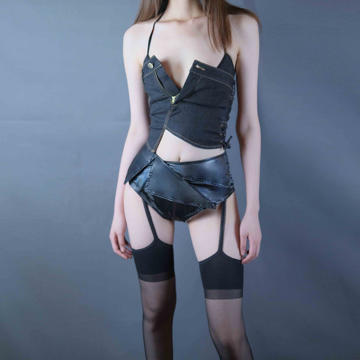 High-Waisted PU Leather Triangle Shorts with Trench Coat Structure
