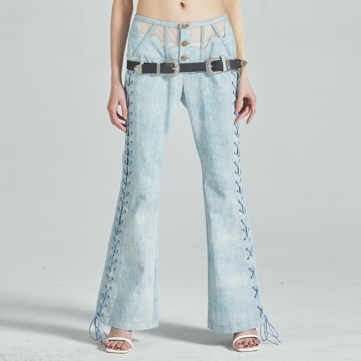 Collar Tube Top & Boned Waist Micro Flare Pants Denim Set