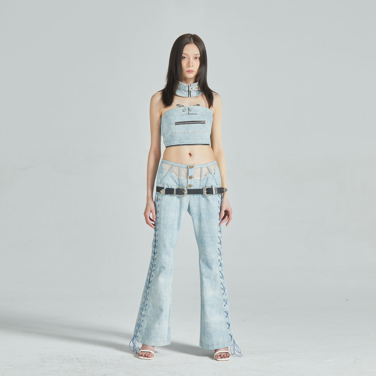 Collar Tube Top & Boned Waist Micro Flare Pants Denim Set